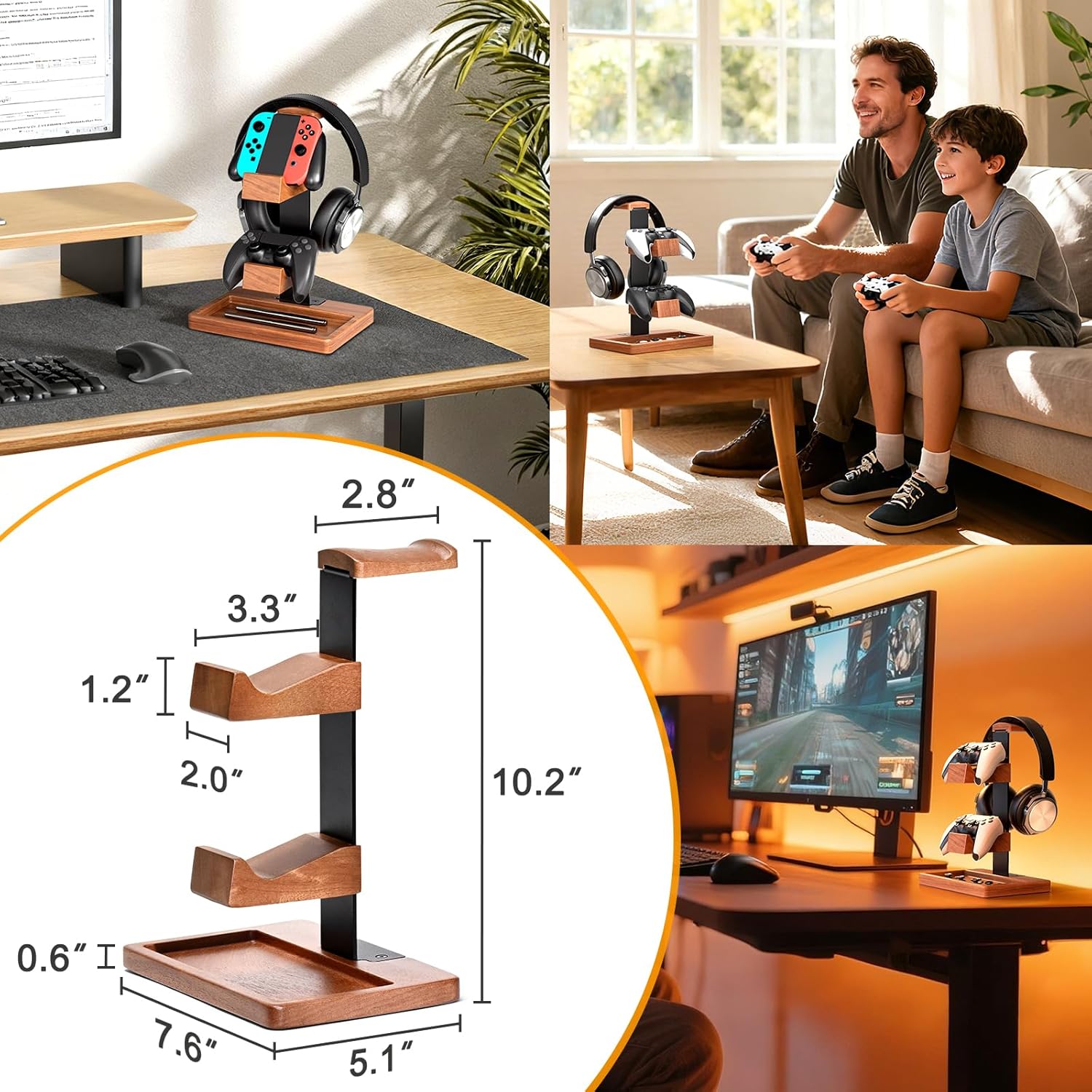 Solid Wood Controller Holder and Headphone Stand, Gaming Controller Stand for Desk, Dual Controller Organizer Rack, Fits Xbox, PS4, PS5, Gamepad, Headset Holder for Son, Husband, Boyfriend