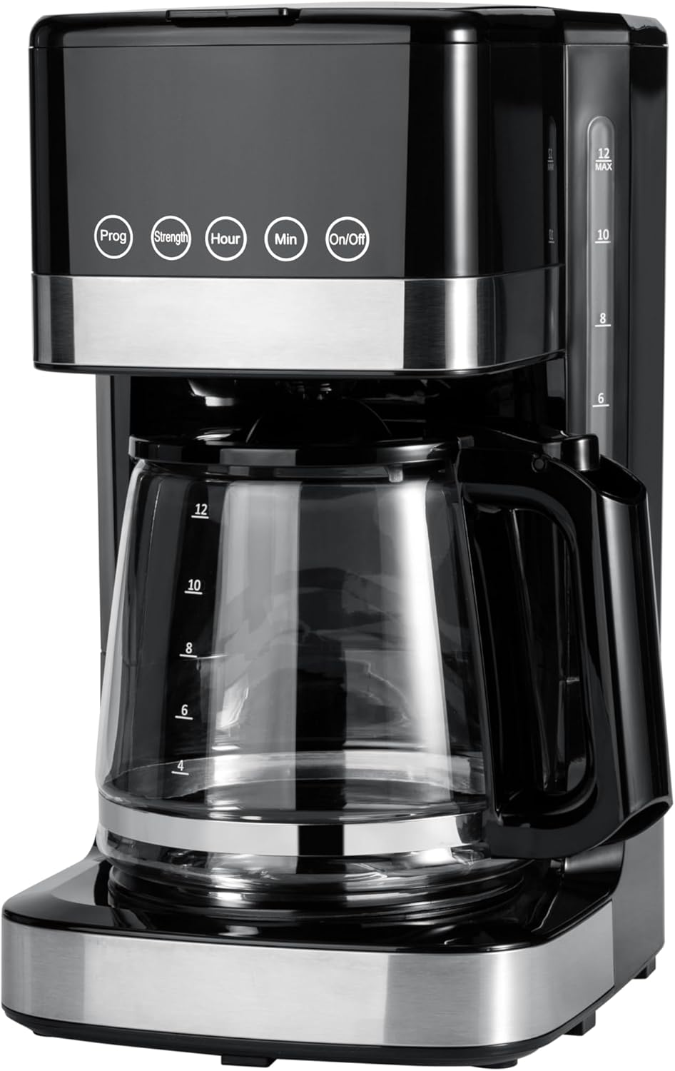12 Cup Drip Coffee Maker, Coffee Machine with Glass Coffee Pot (1.9 Qt), Auto Shut-off, Auto Pause, Removable Filter Basket, Black & Silver